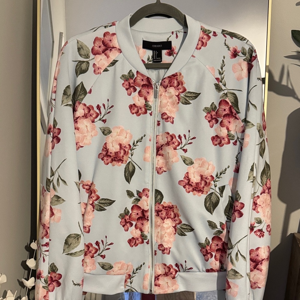 Forever 21 Floral Bomber Jacket - Pink and Green
